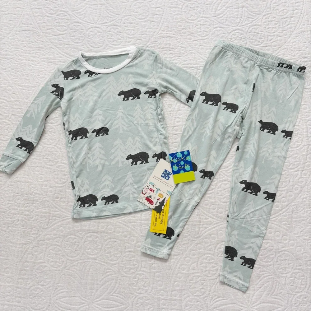 Kickee Pants Print Long Sleeve Pajama Set, Aloe Bears and Trees (Sz 4T)
